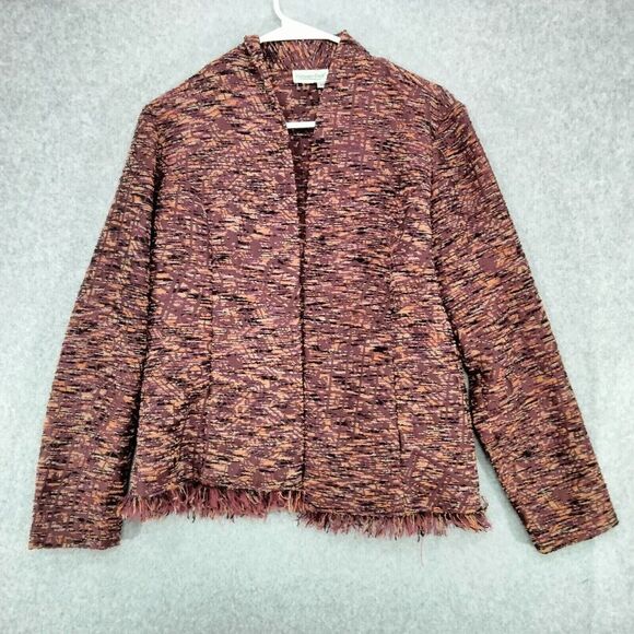 Coldwater Creek Blazer Jacket Womens Sz XS Tweed Brown Orange Fringe Open Front - Picture 1 of 12